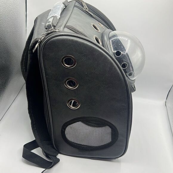 Dark Grey Vegan Leather Pet Carrier Backpack with Bubble Window - Picture 7 of 11